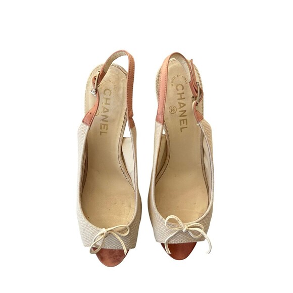Chanel Slingback Peep-Toe Heels Beige Canvas Leather Bow Detail Size 38.5 - Picture 1 of 8
